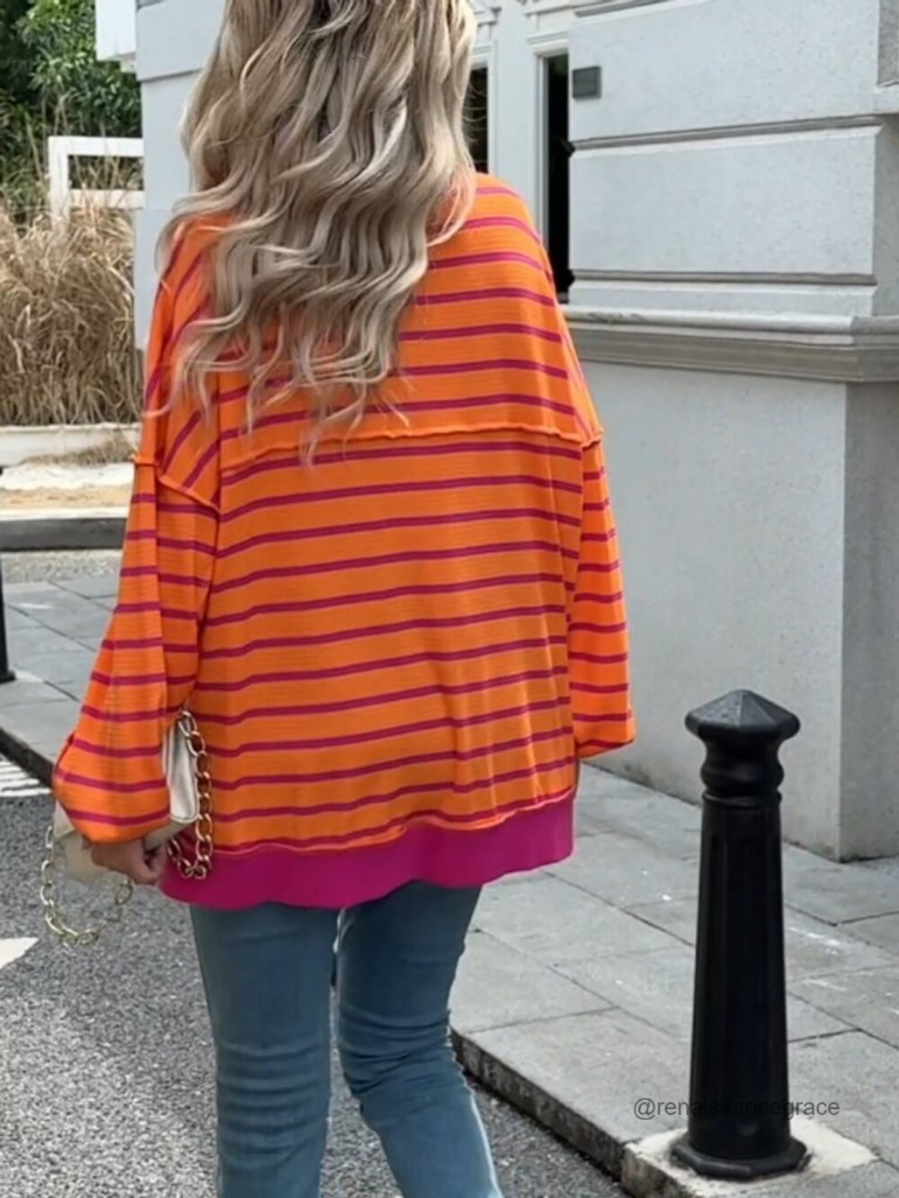 Oversized Striped Henley Sweatshirt Waffle Knit Long Sleeve Pullover Fall Winter - Picture 6 of 6